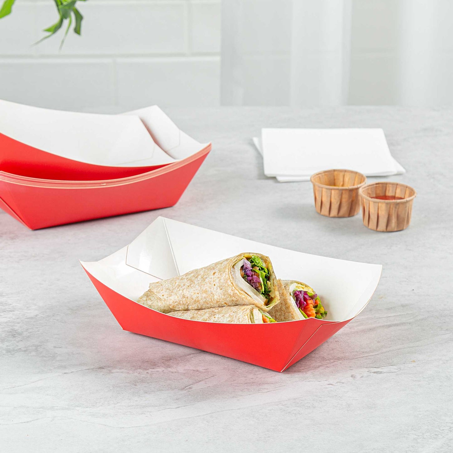 Bio Tek 1 lb Red Paper #100 Food Tray / Boat - 5 1/2" x 3 1/2" x 2" - 50 count box