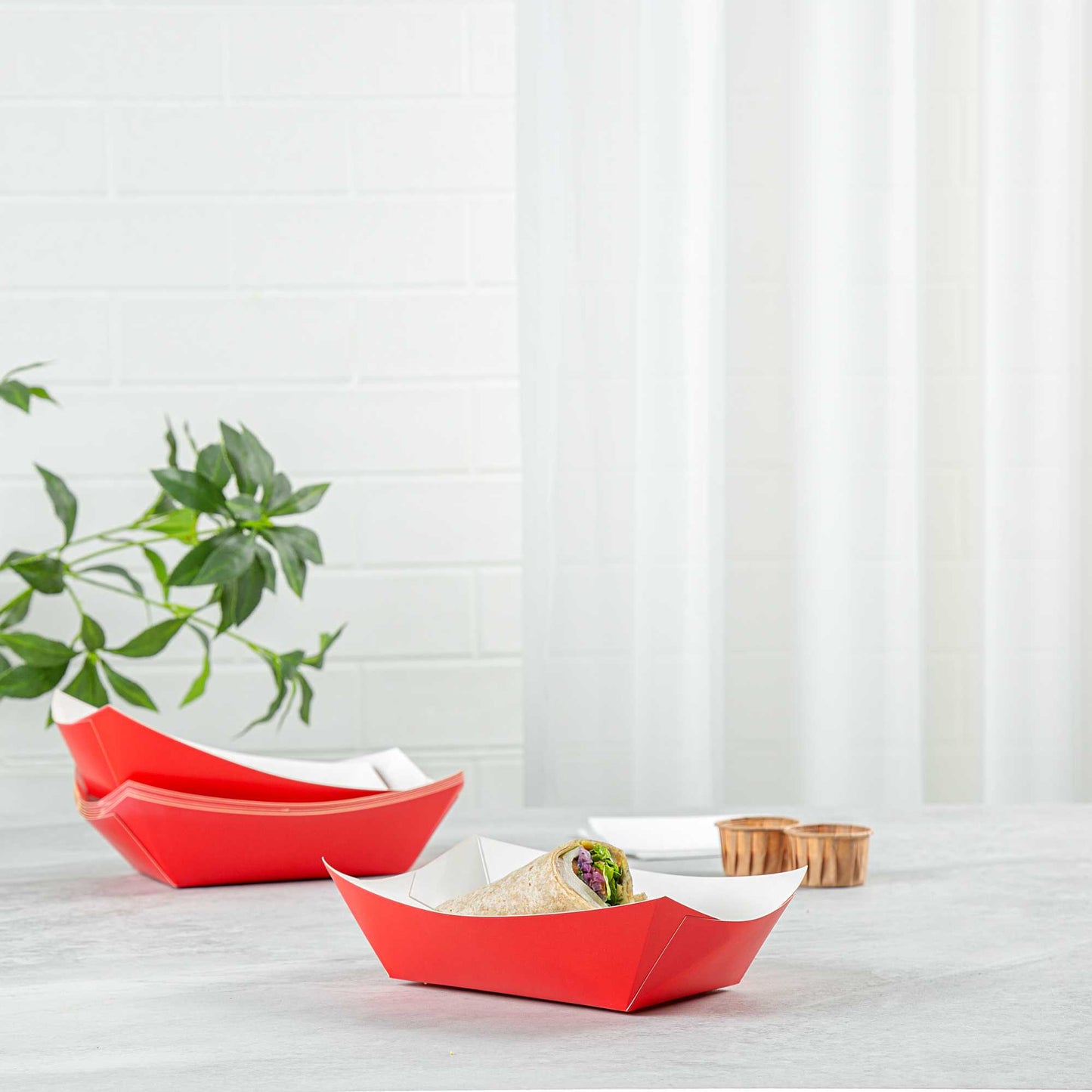 Bio Tek 1 lb Red Paper #100 Food Tray / Boat - 5 1/2" x 3 1/2" x 2" - 50 count box