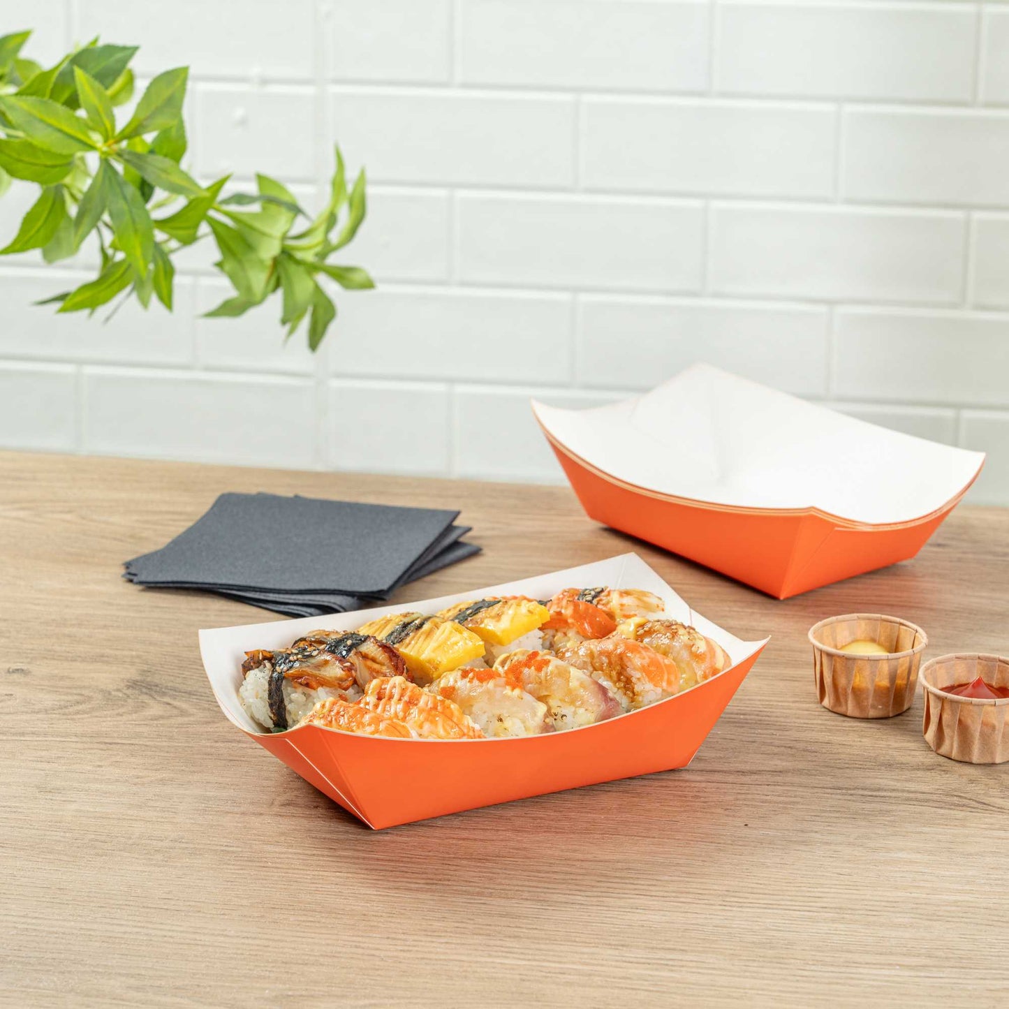 Bio Tek 1 lb Tangerine Orange Paper #100 Food Tray / Boat - 5 1/2" x 3 1/2" x 2" - 50 count box