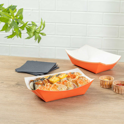 Bio Tek 1 lb Tangerine Orange Paper #100 Food Tray / Boat - 5 1/2" x 3 1/2" x 2" - 50 count box
