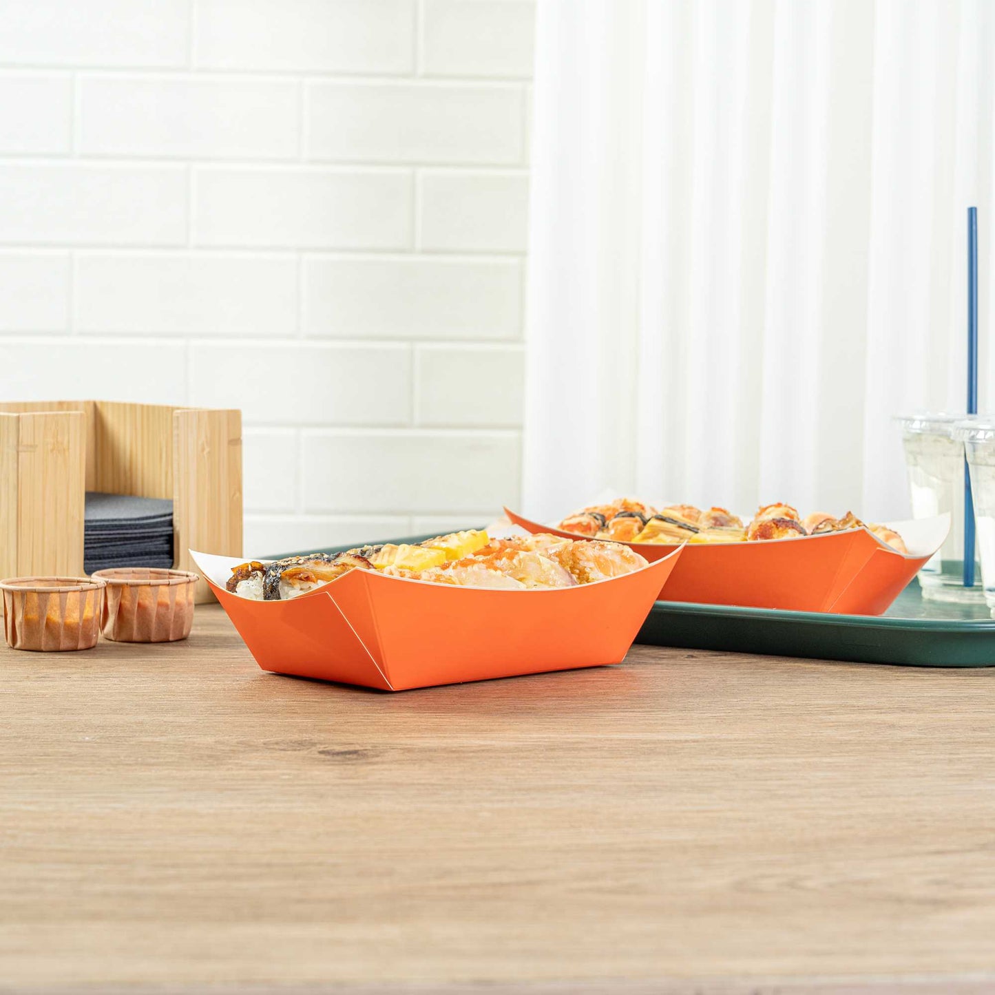 Bio Tek 1 lb Tangerine Orange Paper #100 Food Tray / Boat - 5 1/2" x 3 1/2" x 2" - 50 count box