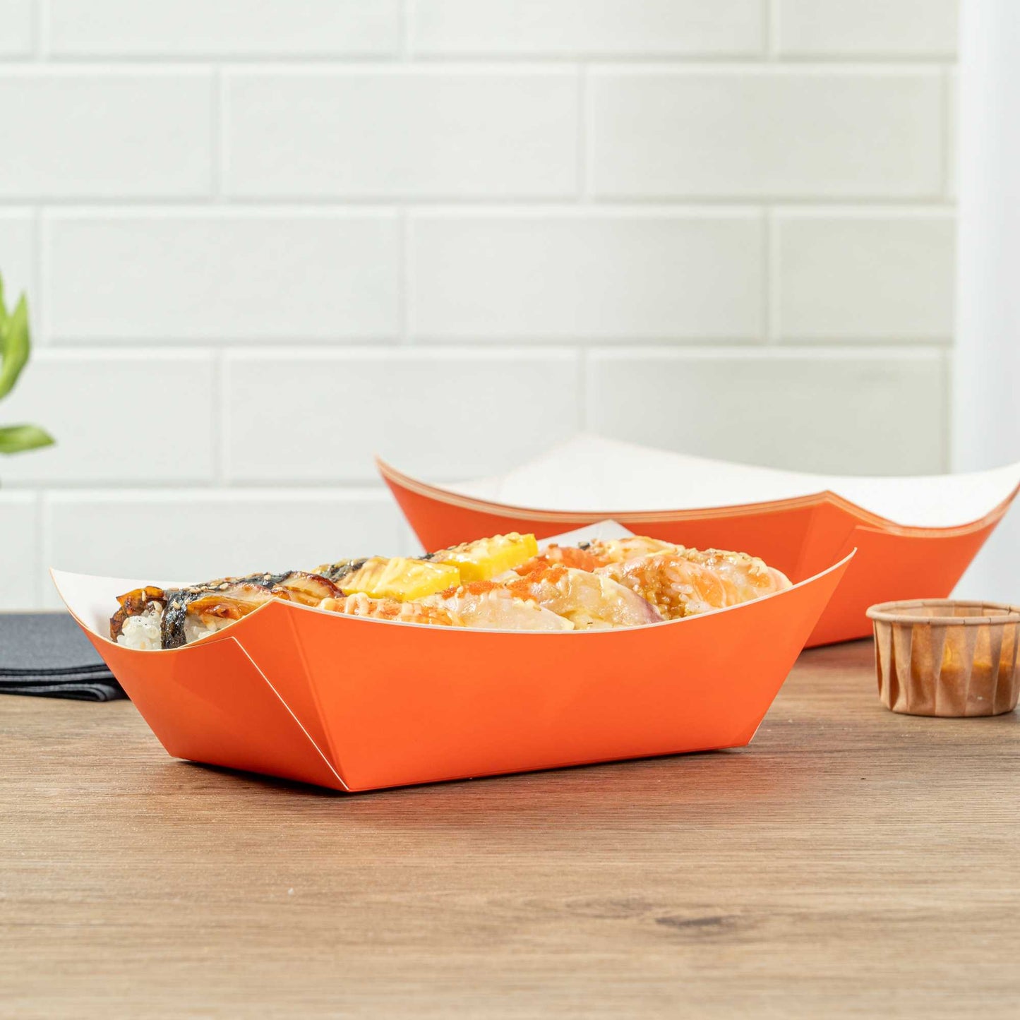 Bio Tek 1 lb Tangerine Orange Paper #100 Food Tray / Boat - 5 1/2" x 3 1/2" x 2" - 200 count box