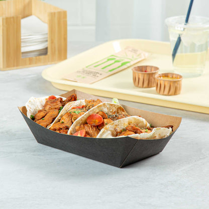 Bio Tek 2 lb Black Paper #200 Food Tray / Boat - 6 1/2" x 3 3/4" x 2 1/4" - 50 count box