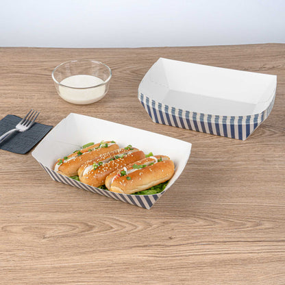 Bio Tek 2 lb Blue and White Stripe Paper #200 Food Tray / Boat - 6 1/2" x 3 3/4" x 2 1/4" - 200 count box