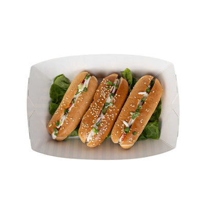 Bio Tek 2 lb Blue and White Stripe Paper #200 Food Tray / Boat - 6 1/2" x 3 3/4" x 2 1/4" - 200 count box