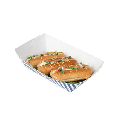 Bio Tek 2 lb Blue and White Stripe Paper #200 Food Tray / Boat - 6 1/2" x 3 3/4" x 2 1/4" - 200 count box