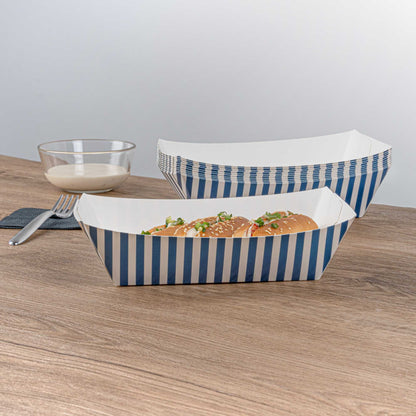 Bio Tek 2 lb Blue and White Stripe Paper #200 Food Tray / Boat - 6 1/2" x 3 3/4" x 2 1/4" - 200 count box