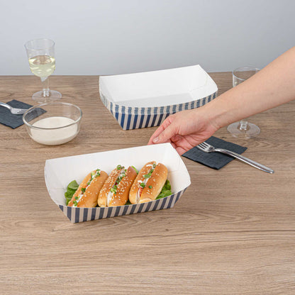 Bio Tek 2 lb Blue and White Stripe Paper #200 Food Tray / Boat - 6 1/2" x 3 3/4" x 2 1/4" - 200 count box