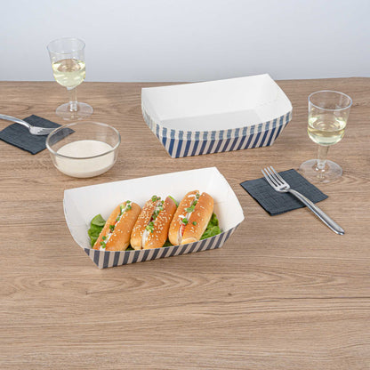 Bio Tek 2 lb Blue and White Stripe Paper #200 Food Tray / Boat - 6 1/2" x 3 3/4" x 2 1/4" - 200 count box