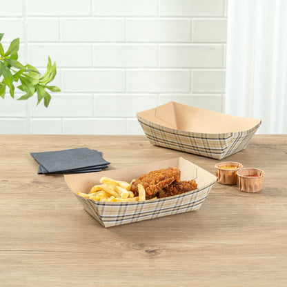 Bio Tek 2 lb Plaid Paper #200 Food Tray / Boat - 6 1/2" x 3 3/4" x 2 1/4" - 50 count box
