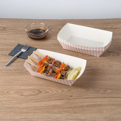 Bio Tek 2 lb Pink and White Stripe Paper #200 Food Tray / Boat - 6 1/2" x 3 3/4" x 2 1/4" - 200 count box