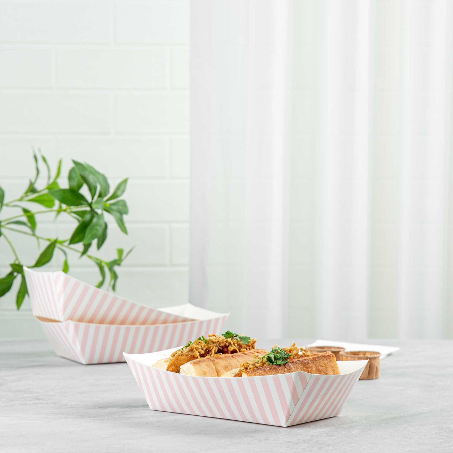 Bio Tek 2 lb Pink and White Stripe Paper #200 Food Tray / Boat - 6 1/2" x 3 3/4" x 2 1/4" - 50 count box