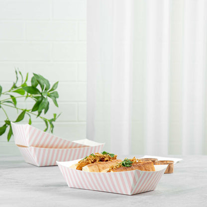Bio Tek 2 lb Pink and White Stripe Paper #200 Food Tray / Boat - 6 1/2" x 3 3/4" x 2 1/4" - 50 count box