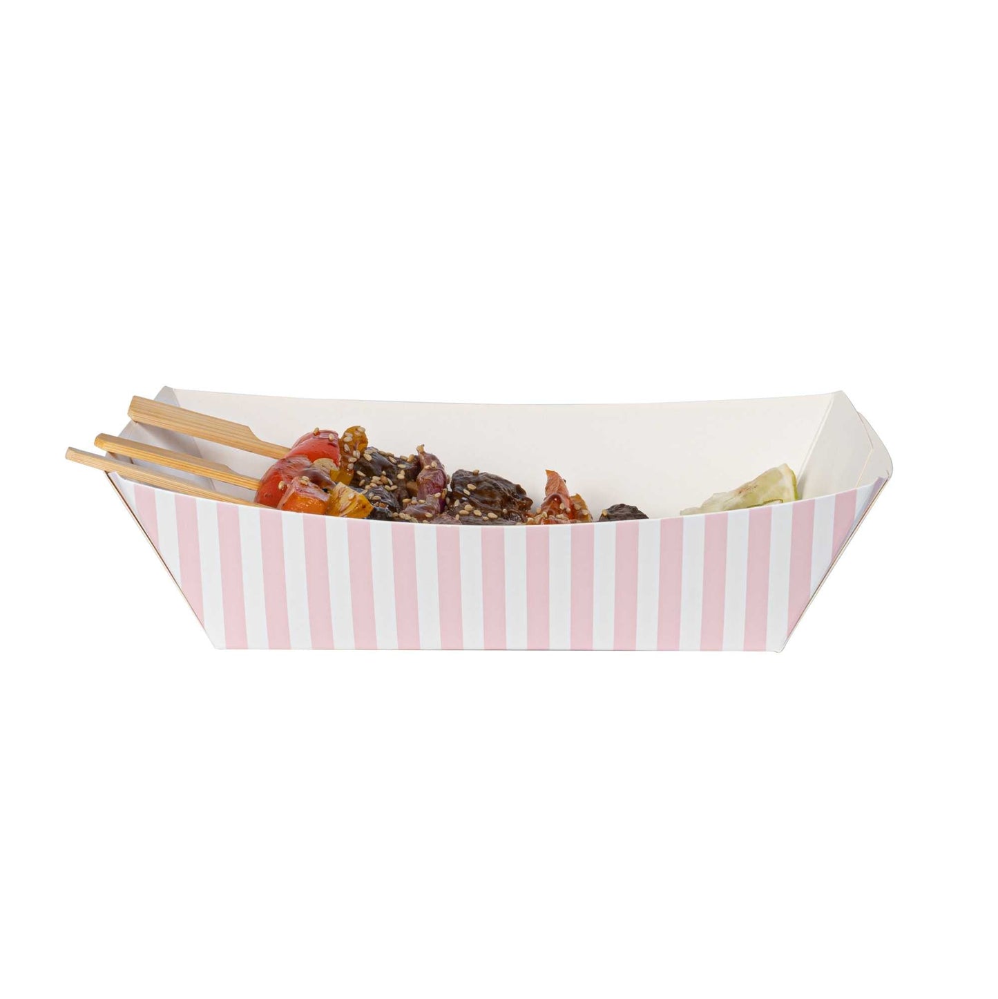 Bio Tek 2 lb Pink and White Stripe Paper #200 Food Tray / Boat - 6 1/2" x 3 3/4" x 2 1/4" - 200 count box