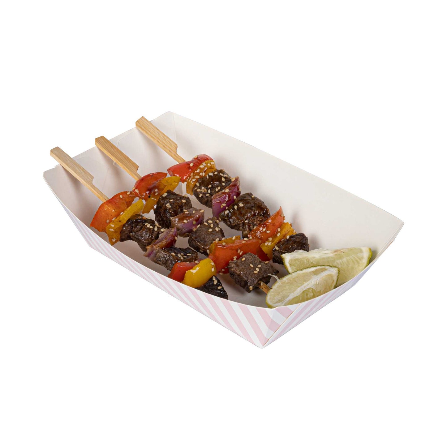 Bio Tek 2 lb Pink and White Stripe Paper #200 Food Tray / Boat - 6 1/2" x 3 3/4" x 2 1/4" - 200 count box