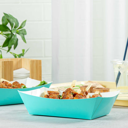 Bio Tek 2 lb Turquoise Paper #200 Food Tray / Boat - 6 1/2" x 3 3/4" x 2 1/4" - 50 count box