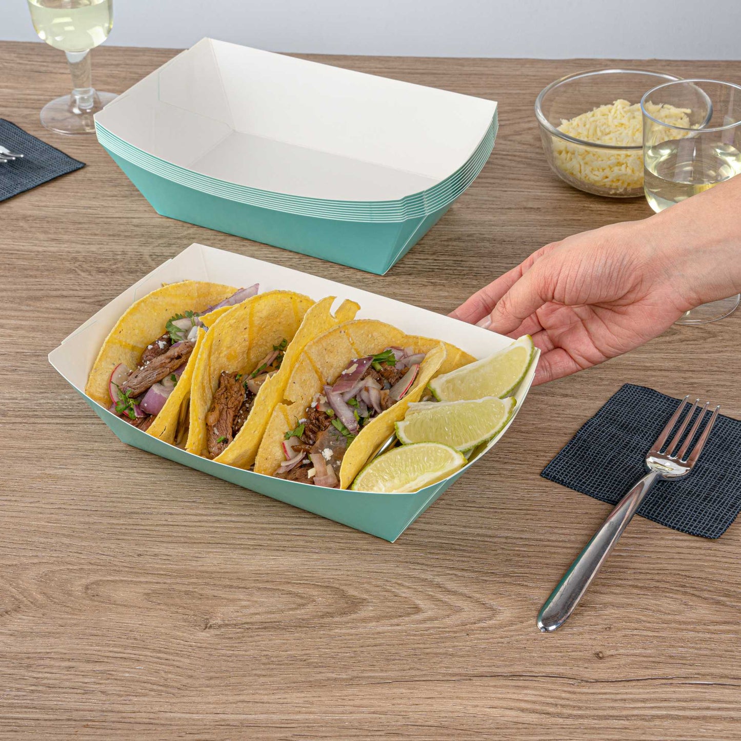 Bio Tek 2 lb Turquoise Paper #200 Food Tray / Boat - 6 1/2" x 3 3/4" x 2 1/4" - 200 count box