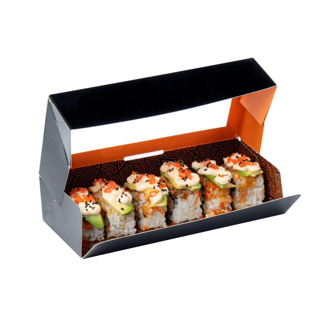 Sakura Vision Black Paper Medium Window Sushi Box - 8" x 3 1/2" x 1 3/4" - 50 count box