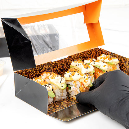 Sakura Vision Black Paper Medium Window Sushi Box - 8" x 3 1/2" x 1 3/4" - 50 count box