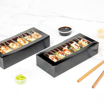 Sakura Vision Black Paper Medium Window Sushi Box - 8" x 3 1/2" x 1 3/4" - 50 count box