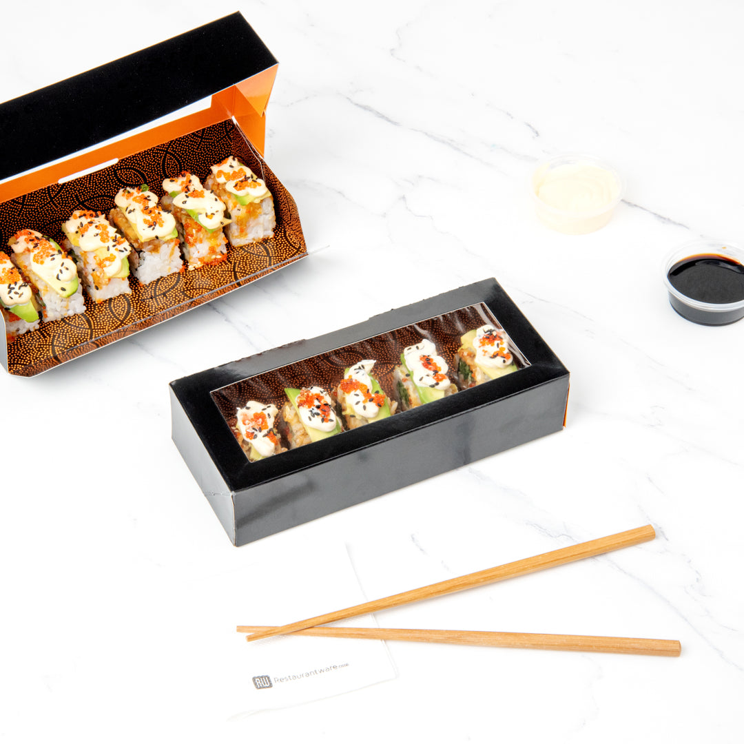 Sakura Vision Black Paper Medium Window Sushi Box - 8" x 3 1/2" x 1 3/4" - 200 count box