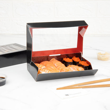 Sakura Vision Black Paper Large Window Sushi Box - 8" x 4 3/4" x 1 3/4" - 50 count box