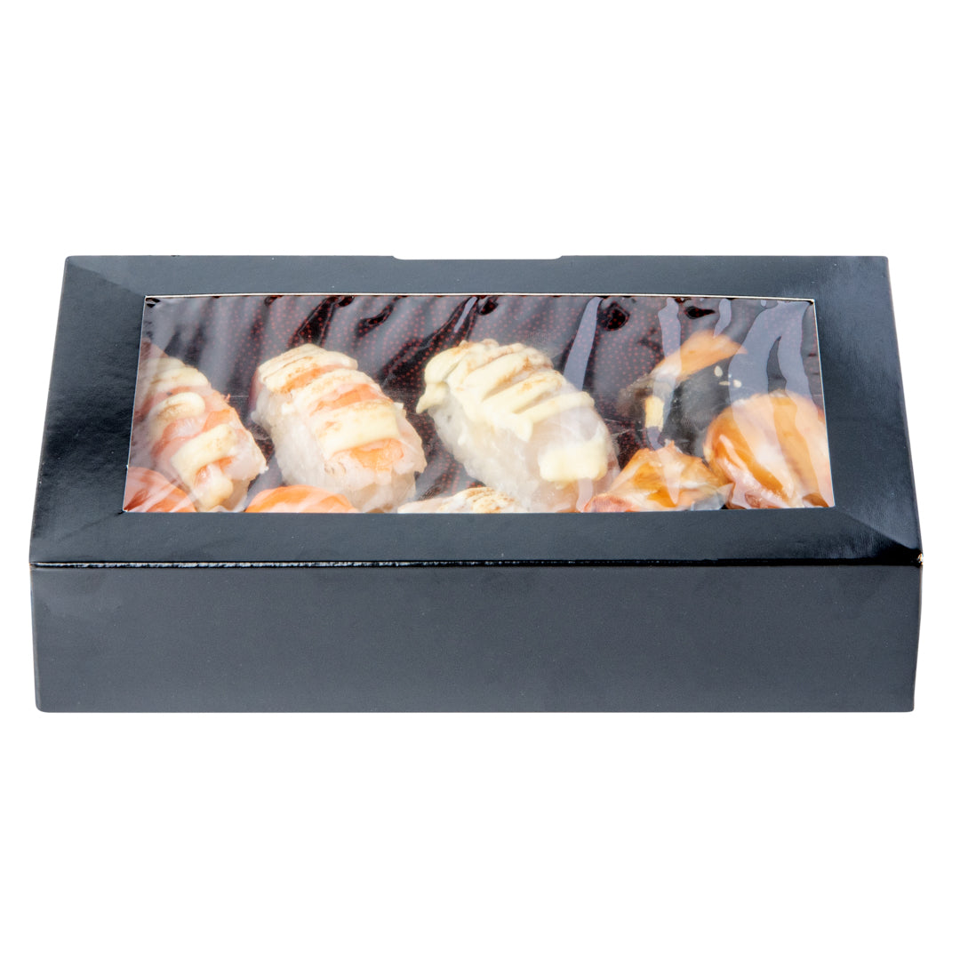 Sakura Vision Black Paper Large Window Sushi Box - 8" x 4 3/4" x 1 3/4" - 200 count box