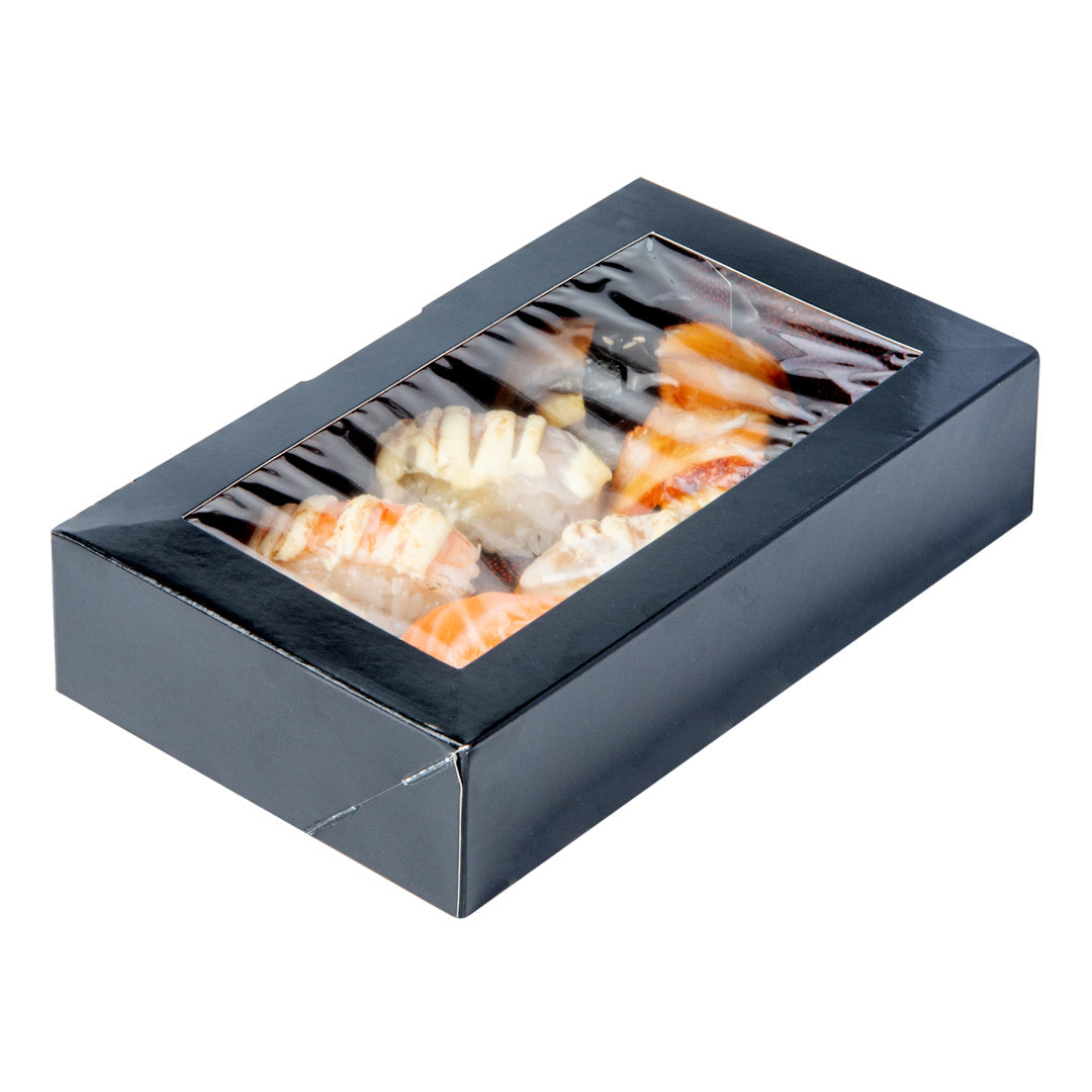 Sakura Vision Black Paper Large Window Sushi Box - 8" x 4 3/4" x 1 3/4" - 200 count box