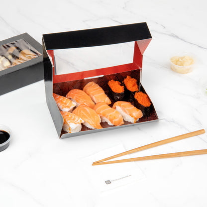 Sakura Vision Black Paper Large Window Sushi Box - 8" x 4 3/4" x 1 3/4" - 200 count box