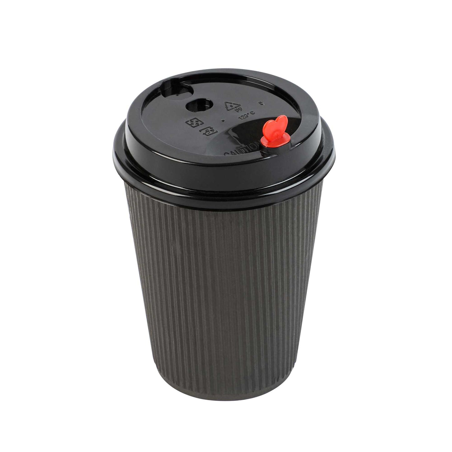 Restpresso Black Plastic Coffee Cup Lid - Fits 8, 12, 16 and 20 oz, with Red Heart Plug - 50 count box