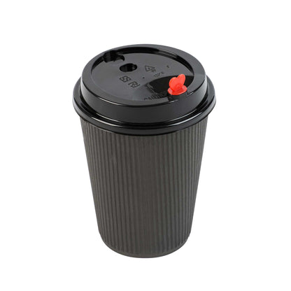 Restpresso Black Plastic Coffee Cup Lid - Fits 8, 12, 16 and 20 oz, with Red Heart Plug - 50 count box