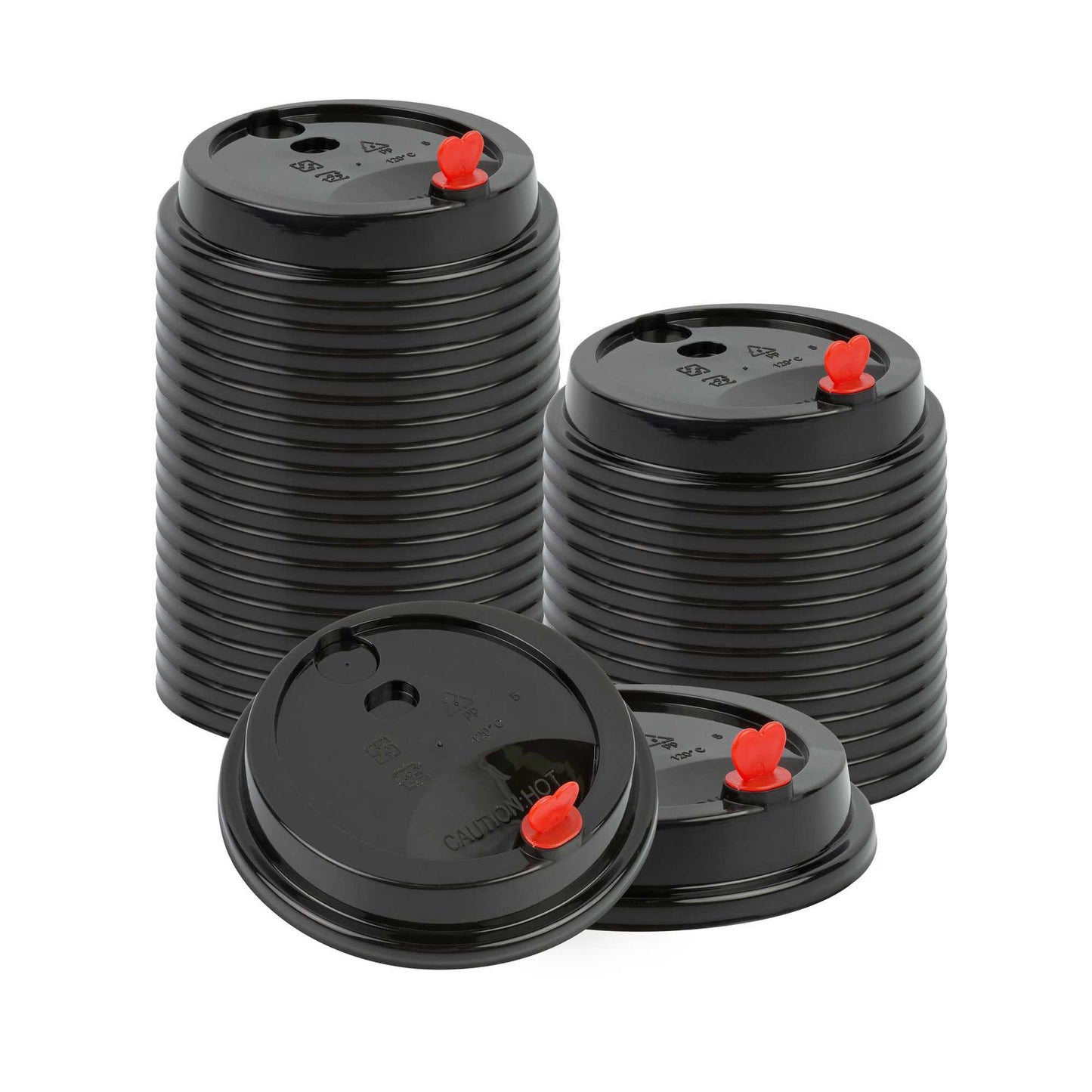Restpresso Black Plastic Coffee Cup Lid - Fits 8, 12, 16 and 20 oz, with Red Heart Plug - 50 count box