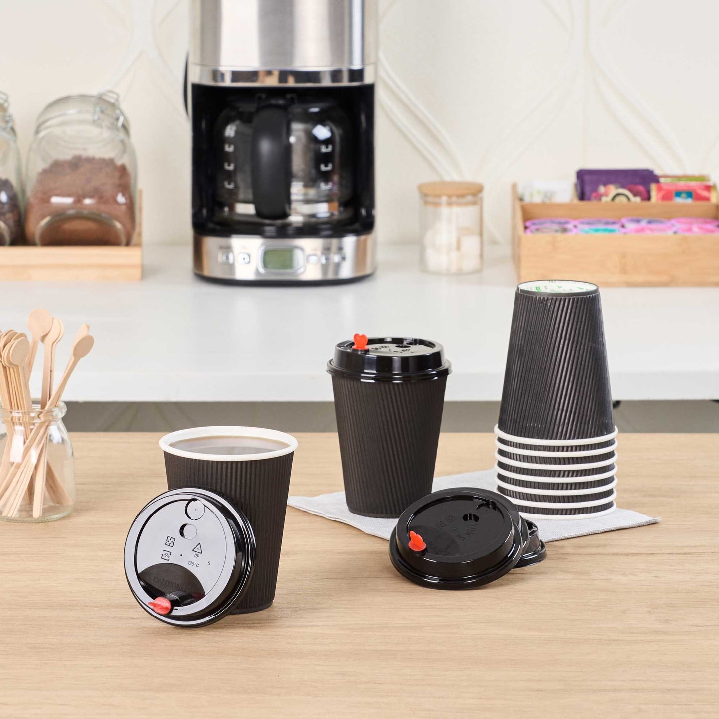 Restpresso Black Plastic Coffee Cup Lid - Fits 8, 12, 16 and 20 oz, with Red Heart Plug - 50 count box