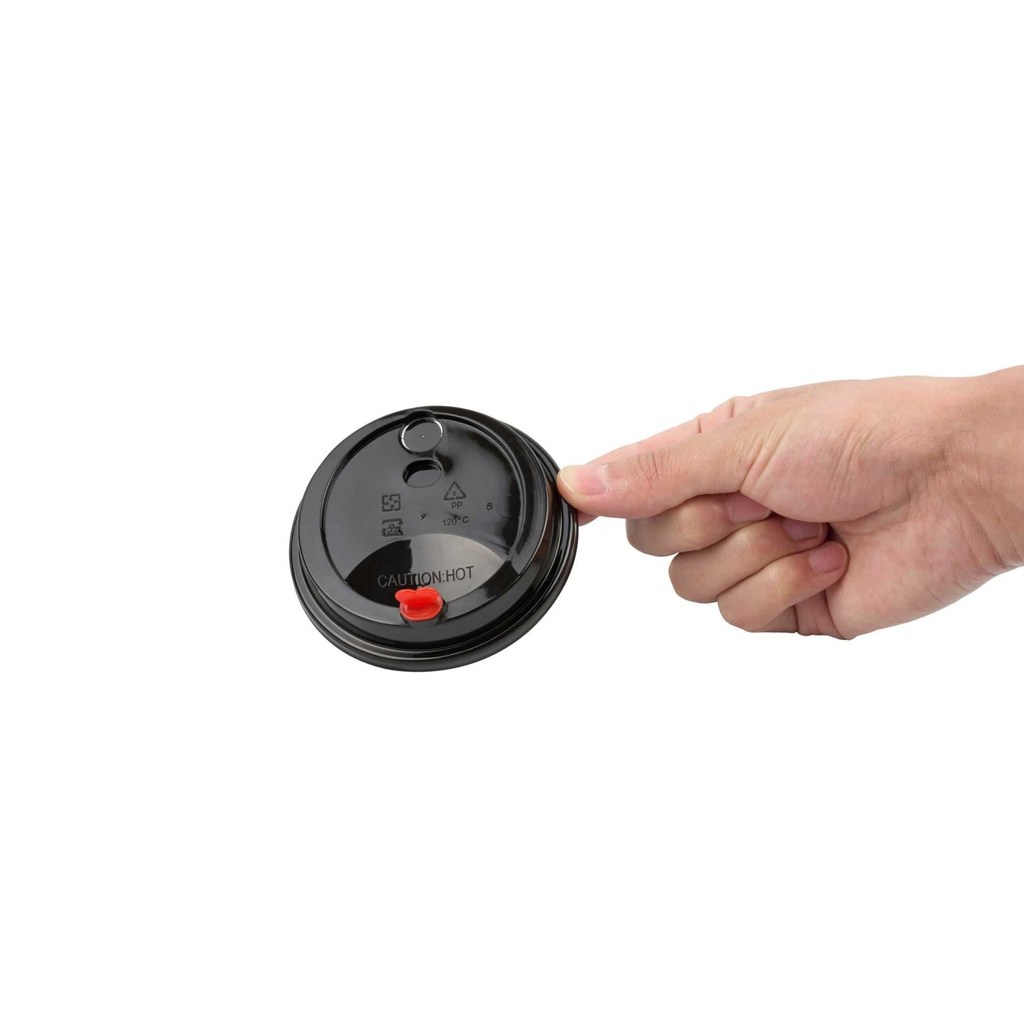 Restpresso Black Plastic Coffee Cup Lid - Fits 8, 12, 16 and 20 oz, with Red Heart Plug - 50 count box