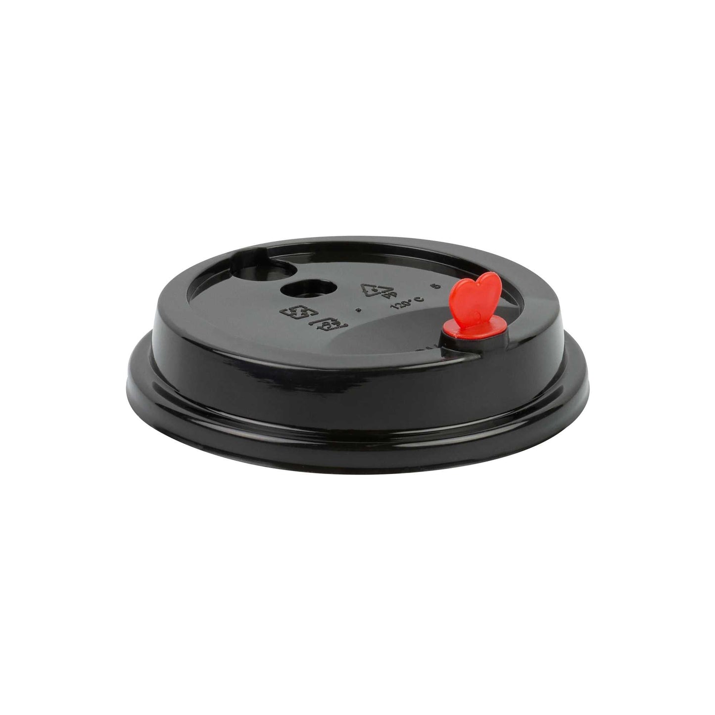 Restpresso Black Plastic Coffee Cup Lid - Fits 8, 12, 16 and 20 oz, with Red Heart Plug - 50 count box