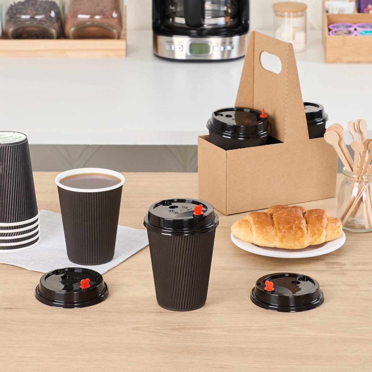 Restpresso Black Plastic Coffee Cup Lid - Fits 8, 12, 16 and 20 oz, with Red Heart Plug - 50 count box