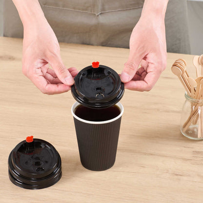 Restpresso Black Plastic Coffee Cup Lid - Fits 8, 12, 16 and 20 oz, with Red Heart Plug - 50 count box