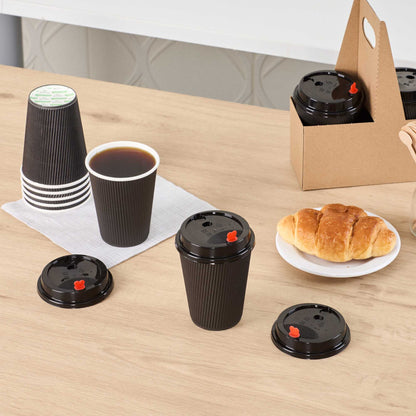 Restpresso Black Plastic Coffee Cup Lid - Fits 8, 12, 16 and 20 oz, with Red Heart Plug - 500 count box