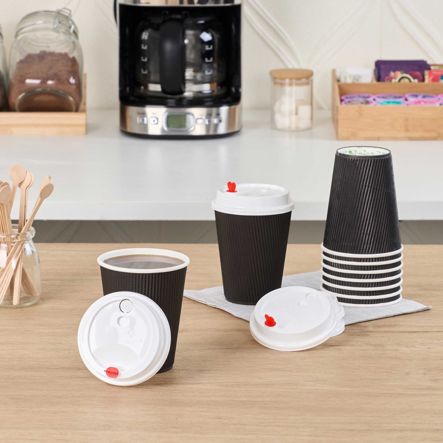 Restpresso White Plastic Coffee Cup Lid - Fits 8, 12, 16 and 20 oz, with Red Heart Plug - 50 count box