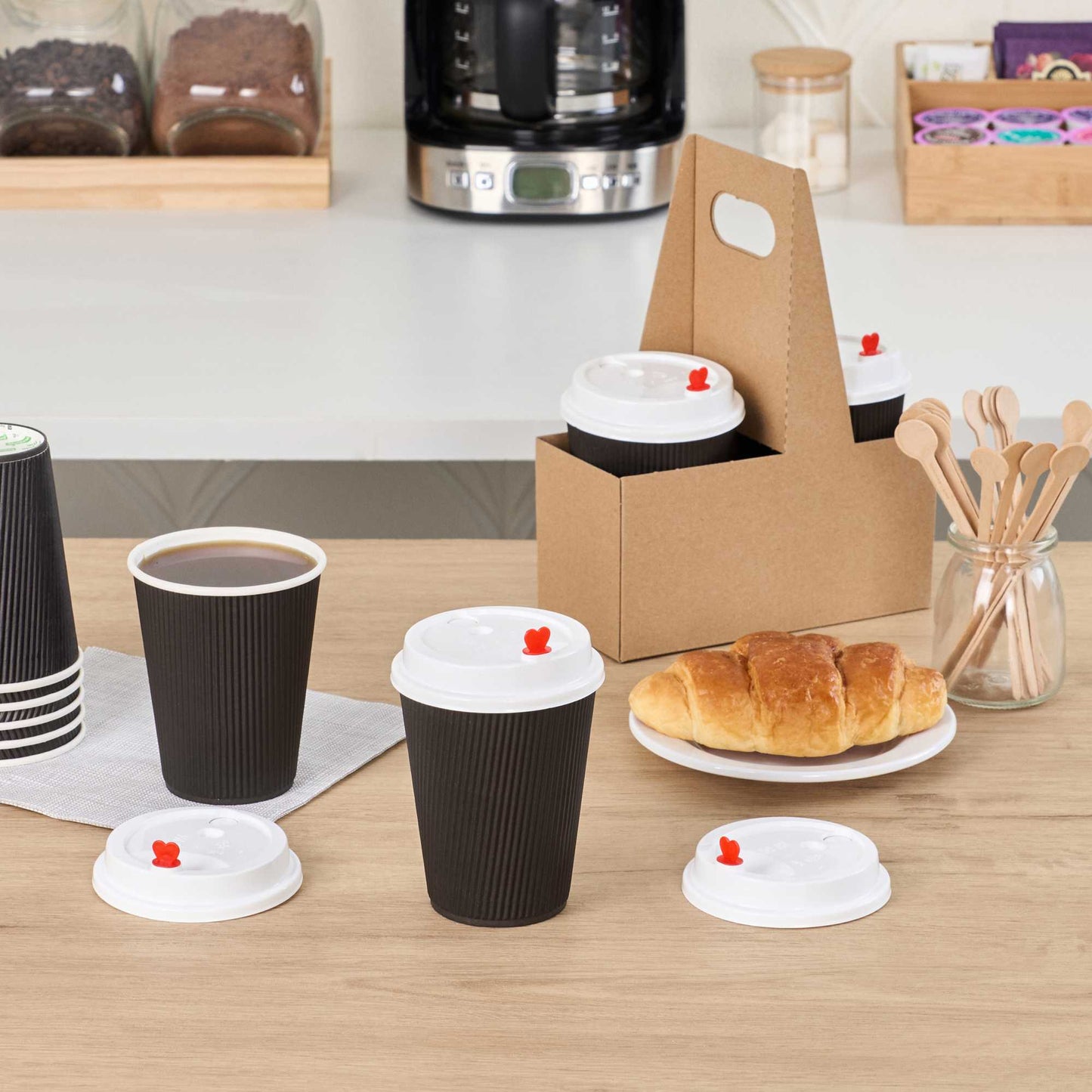 Restpresso White Plastic Coffee Cup Lid - Fits 8, 12, 16 and 20 oz, with Red Heart Plug - 50 count box