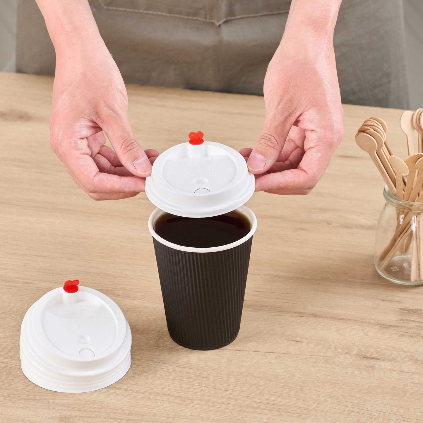 Restpresso White Plastic Coffee Cup Lid - Fits 8, 12, 16 and 20 oz, with Red Heart Plug - 50 count box
