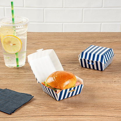 Bio Tek Blue and White Stripe Paper Mini Burger Box - 2 3/4" x 2 3/4" x 2" - 100 count box