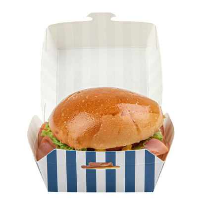 Bio Tek Blue and White Stripe Paper Mini Burger Box - 2 3/4" x 2 3/4" x 2" - 100 count box