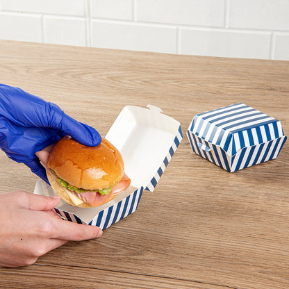 Bio Tek Blue and White Stripe Paper Mini Burger Box - 2 3/4" x 2 3/4" x 2" - 100 count box