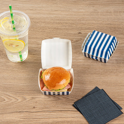 Bio Tek Blue and White Stripe Paper Mini Burger Box - 2 3/4" x 2 3/4" x 2" - 100 count box