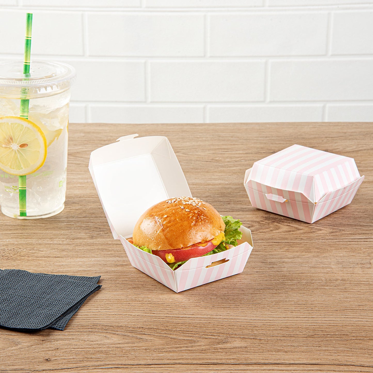 Bio Tek Pink and White Stripe Paper Mini Burger Box - 2 3/4" x 2 3/4" x 2" - 100 count box
