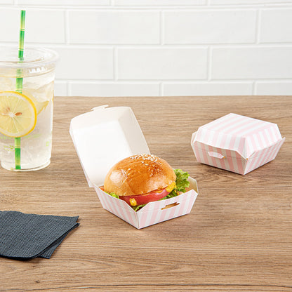 Bio Tek Pink and White Stripe Paper Mini Burger Box - 2 3/4" x 2 3/4" x 2" - 100 count box