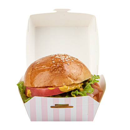 Bio Tek Pink and White Stripe Paper Mini Burger Box - 2 3/4" x 2 3/4" x 2" - 100 count box