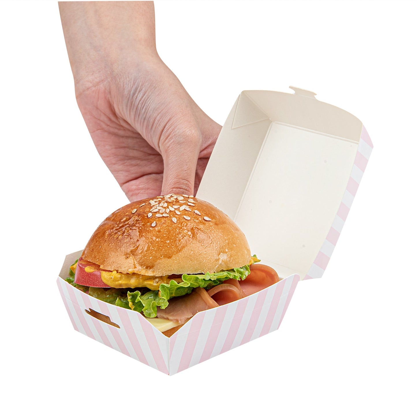 Bio Tek Pink and White Stripe Paper Mini Burger Box - 2 3/4" x 2 3/4" x 2" - 100 count box