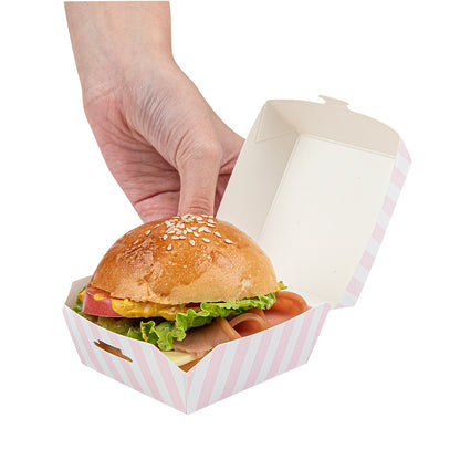 Bio Tek Pink and White Stripe Paper Mini Burger Box - 2 3/4" x 2 3/4" x 2" - 100 count box